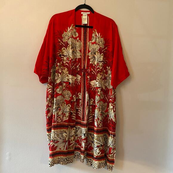Chico's Red Floral Animal Print Art Nouveau Kimono Cardigan Robe Small / Medium - Picture 2 of 10